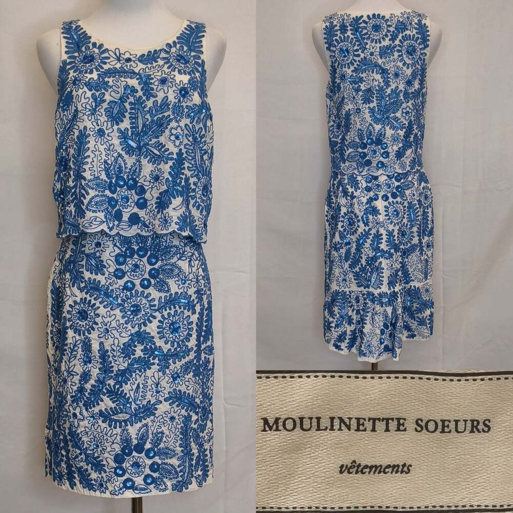 Moulinette Soeurs Anthropologie Top & Skirt Set Womens 4 Blue/White Sequin#W5854